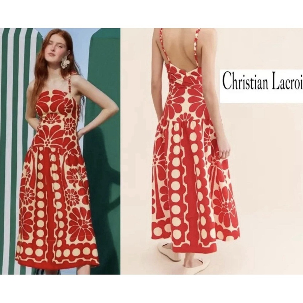 NWT Christian Lacroix Red/Ivory  Linen Blend Palermo Floral  Midi Dress 12
